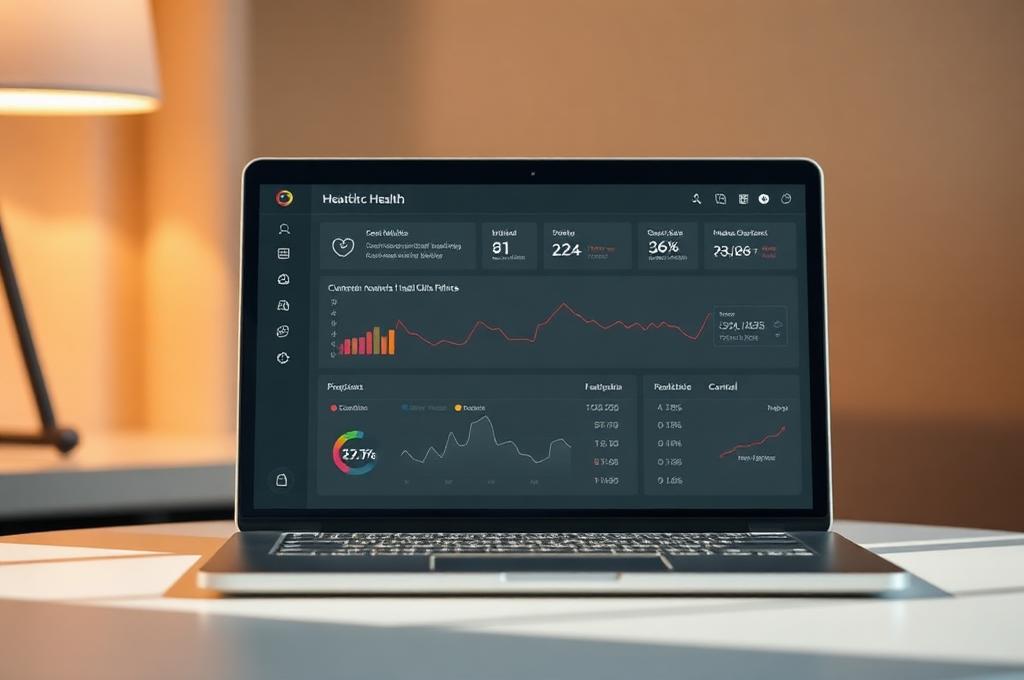 Clinical health dashboard on a laptop in warm sunlight